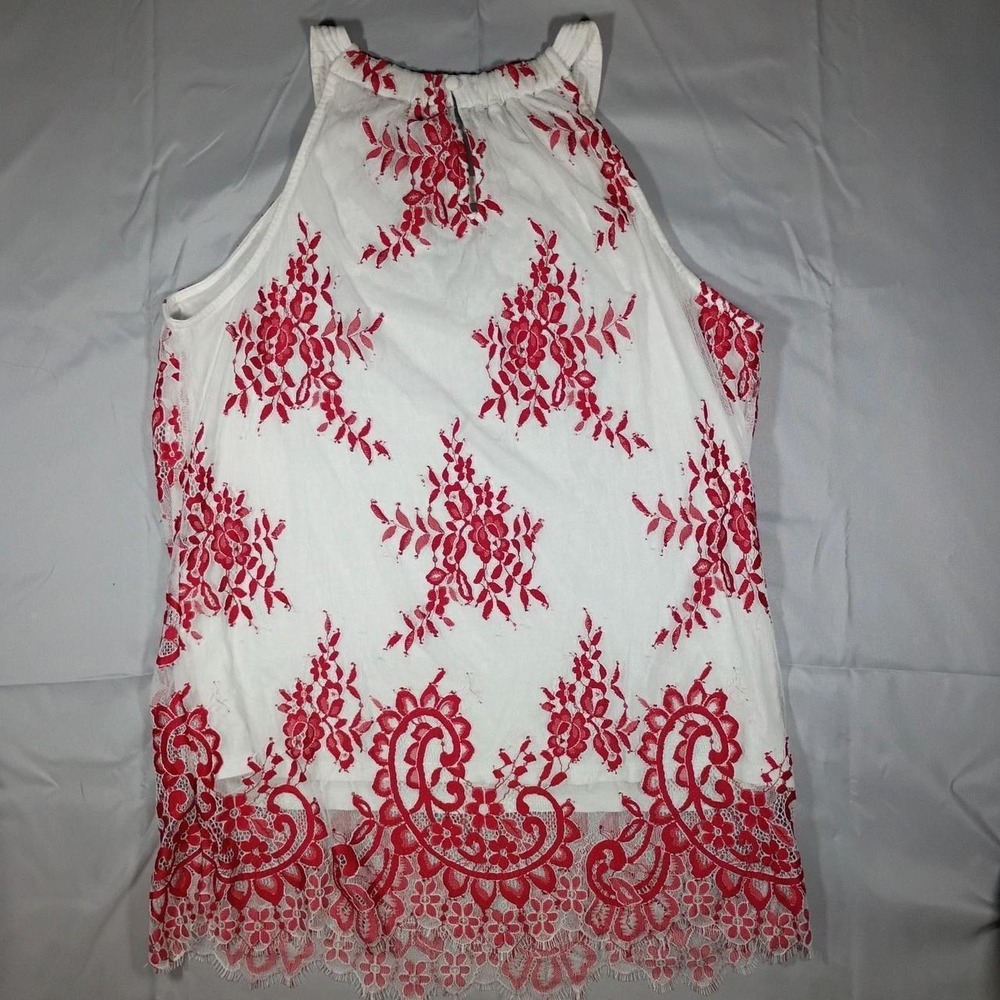 Coquette Cherry Red & White Floral Lace Tank Top, Size S - Picture 6 of 6